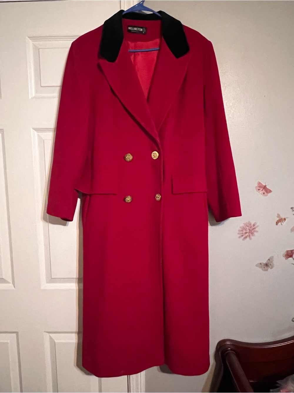 Wellington Red Long Double-Breasted Trench Coat with Black Collar